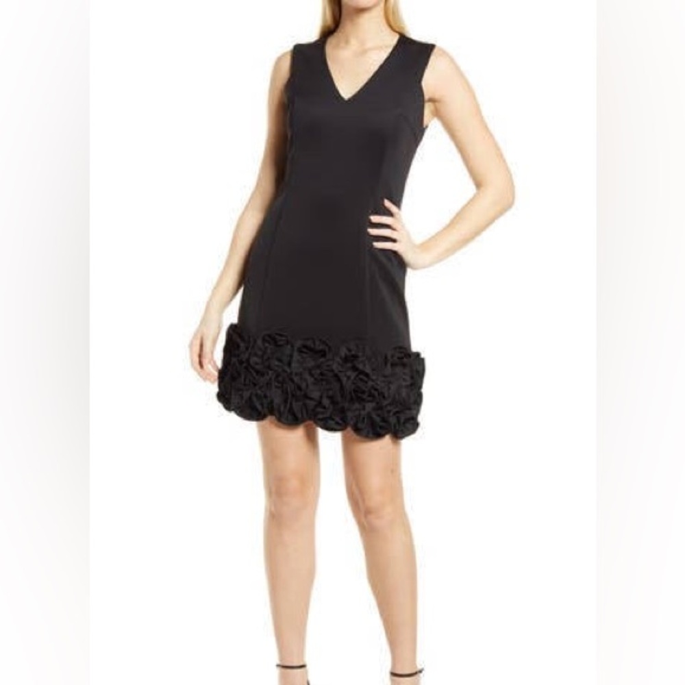 Donna Ricco Black Sleeveless Mini Dress with Rosette Hem